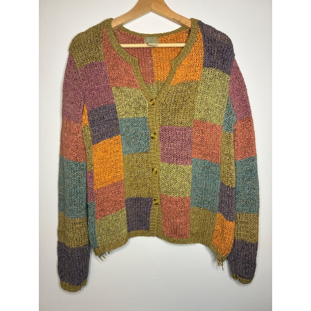 Sigrid Olsen Sport Cardigan Women Large Multicolor Patchwork Chunky Knit V-Neck